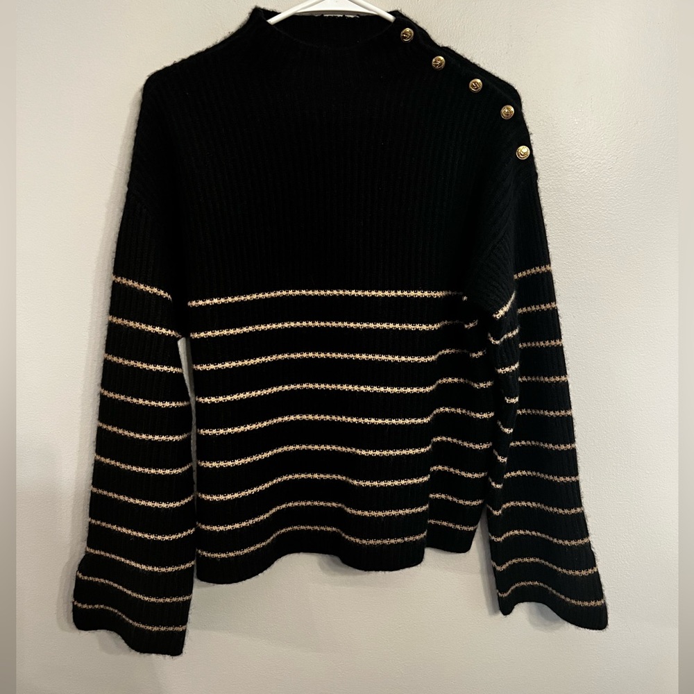 Elie Tahari Womens 100% Cashmere Striped Sweater Gold Button Detail Wide Cuff M